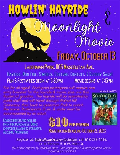 Belleville Parks & Recreation: Howlin' Hayride & Moonlight Movie Flyer