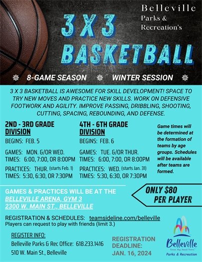 Youth 3 x 3 basketball. Register by Jan. 16th