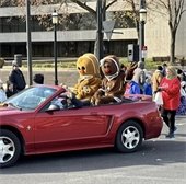 Two people in gingerbread costumes in back of car during Belleville's 2023 Santa Parade
