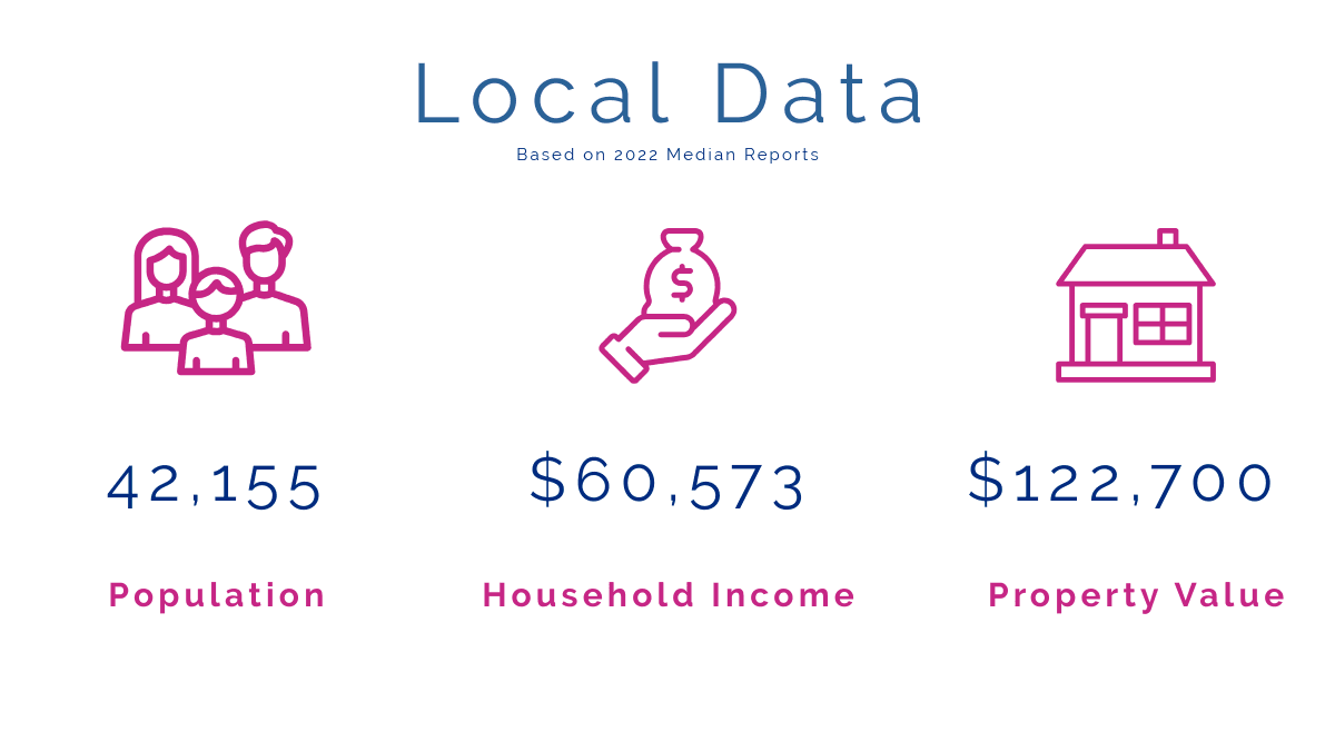 Local Data Infographic showing population, income, and property value with outline drawings